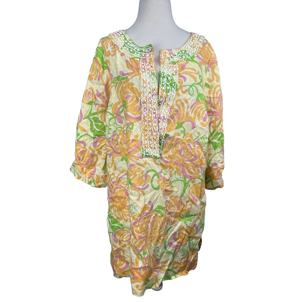 Lilly Pulitzer Linen Tunic Cover Up XL NWOT Beaded Orange Floral Yellow Resort